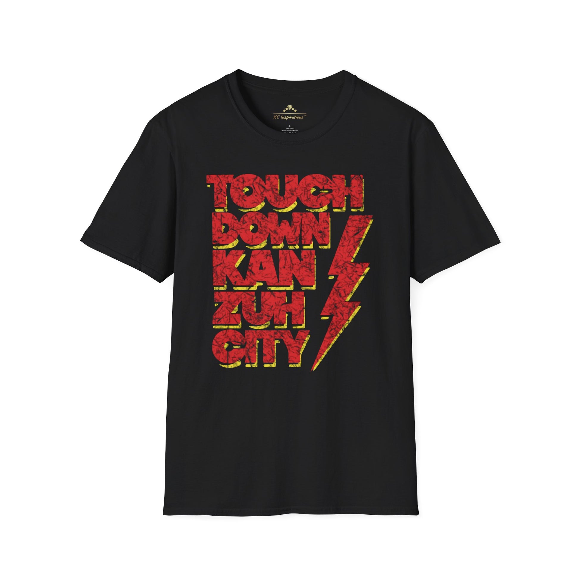 The Touchdown KanZuhCity - Kansas City Chiefs Inspired T-Shirt by KC Inspirations is a vintage black tee adorned with bold red text that reads "Touchdown KanZuhCity" and features a stylized red and yellow lightning bolt running alongside the text, making it perfect for Kansas City Chiefs fans.