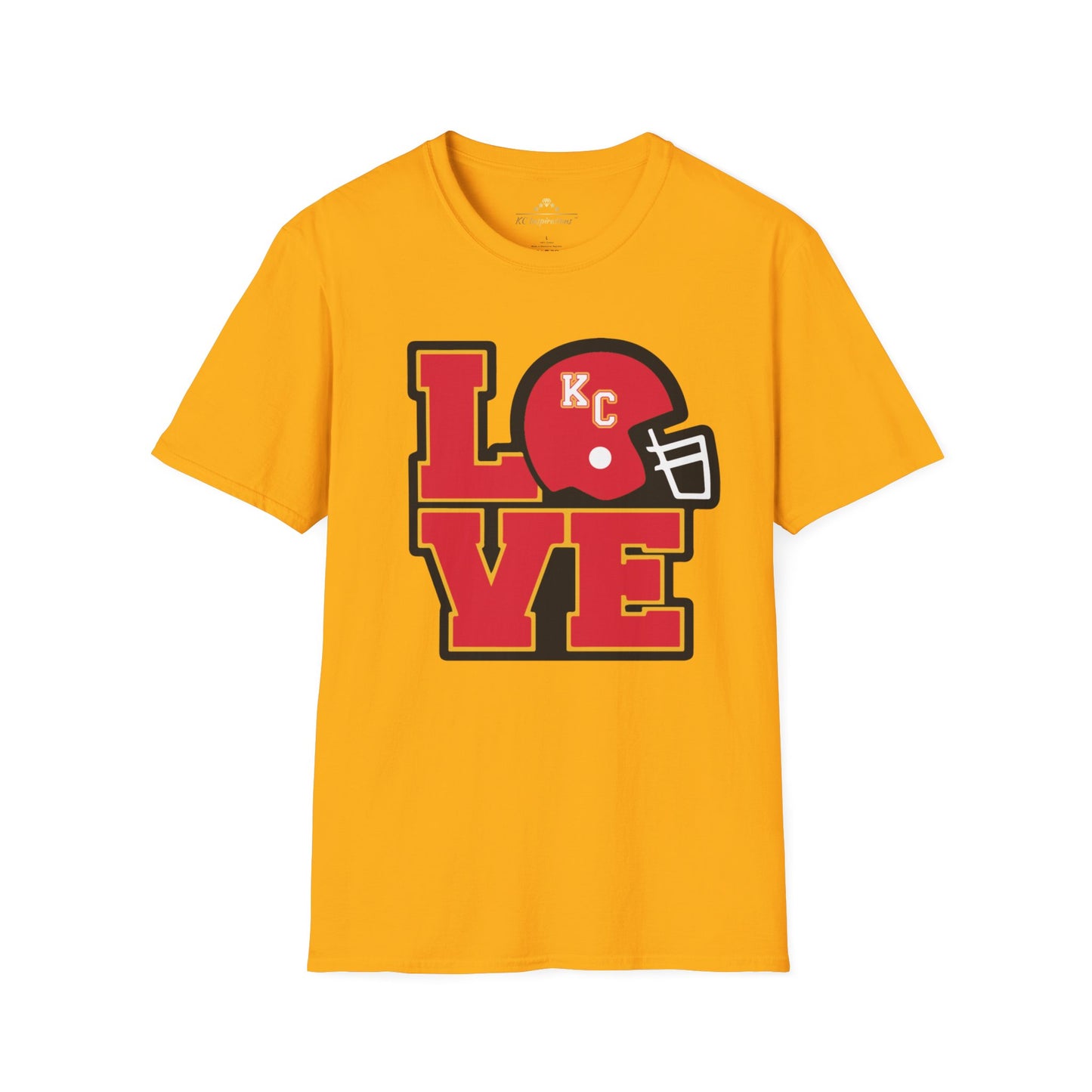 This black LOVE KC - Modern - Kansas City Chiefs Inspired T-Shirt by KC Inspirations features the word "LOVE" in large, bold red and yellow letters. The "O" is replaced by a red football helmet with a white facemask and "KC" on it, making it perfect fan gear for any Kansas City Chiefs supporter.