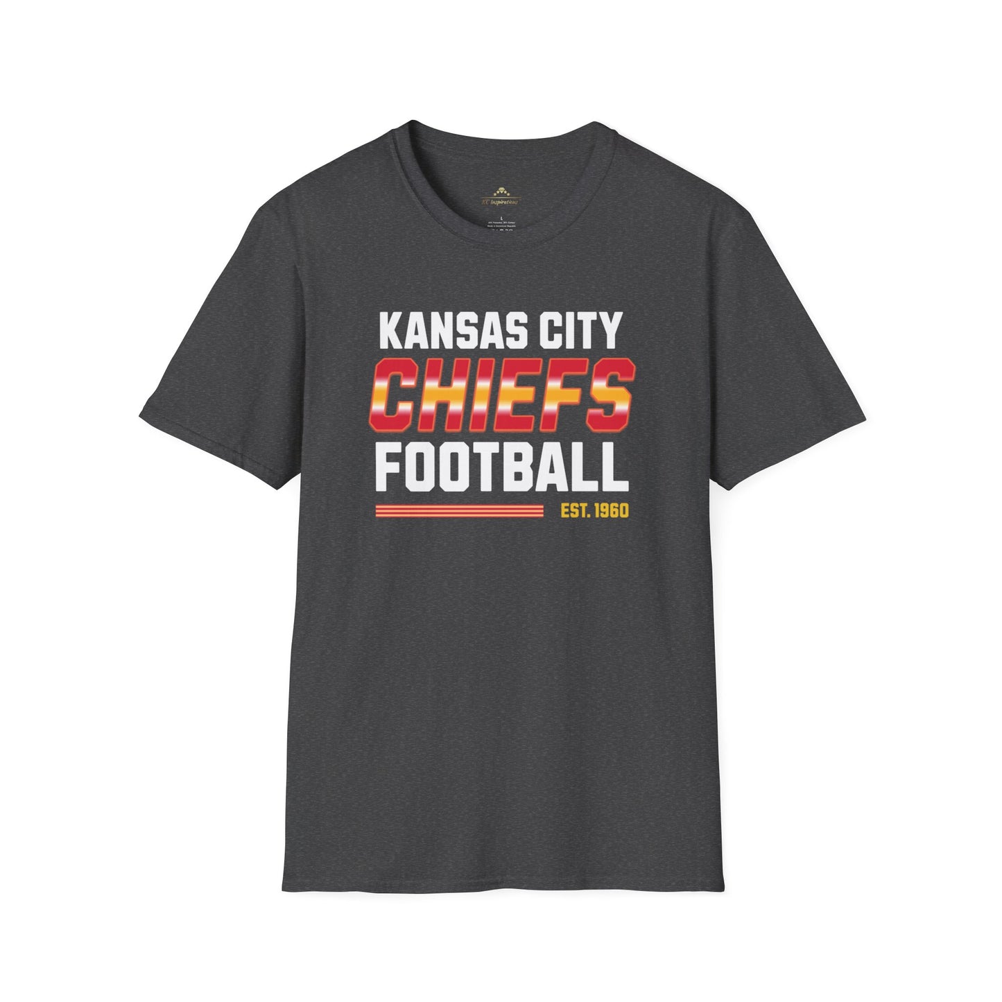 The Kansas City Chiefs Football - Kansas City Chiefs Inspired T-Shirt by KC Inspirations features a dark grey design with "Kansas City Chiefs Football" boldly displayed on the front. The word "Chiefs" stands out in a striking red and yellow gradient, while "Kansas City" and "Football" are written in white. Below, “Est. 1960” is printed in red, making it the ideal fan gear for any Kansas City Chiefs supporter.