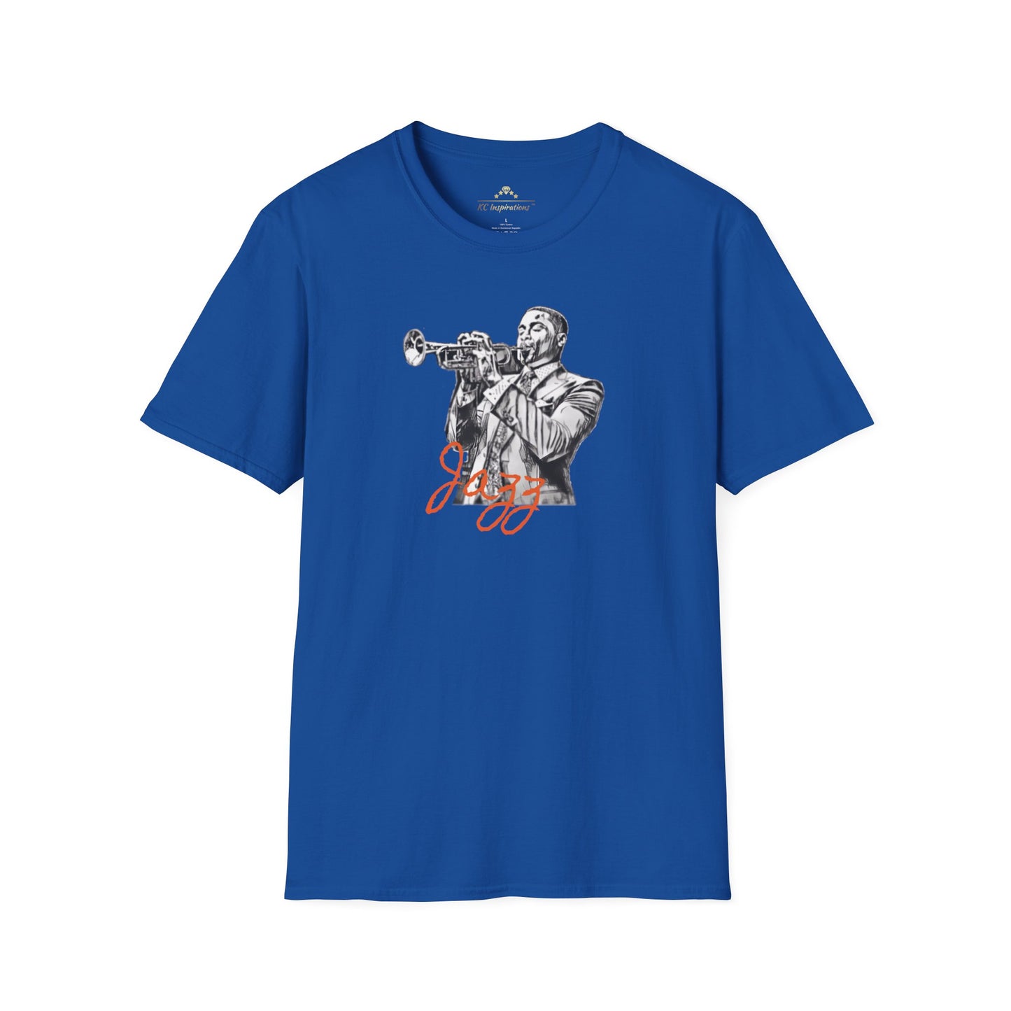 A blue T-shirt featuring a monochrome illustration of a jazz musician playing a trumpet, with the word "Jazz" in red script underneath the image. Perfect for music lovers and fans of Kansas City Jazz, The Trumpeter - KC Jazz Inspired T-Shirt by KC Inspirations is an ideal choice.