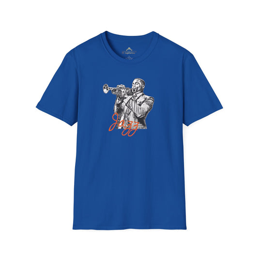 A blue T-shirt featuring a monochrome illustration of a jazz musician playing a trumpet, with the word "Jazz" in red script underneath the image. Perfect for music lovers and fans of Kansas City Jazz, The Trumpeter - KC Jazz Inspired T-Shirt by KC Inspirations is an ideal choice.