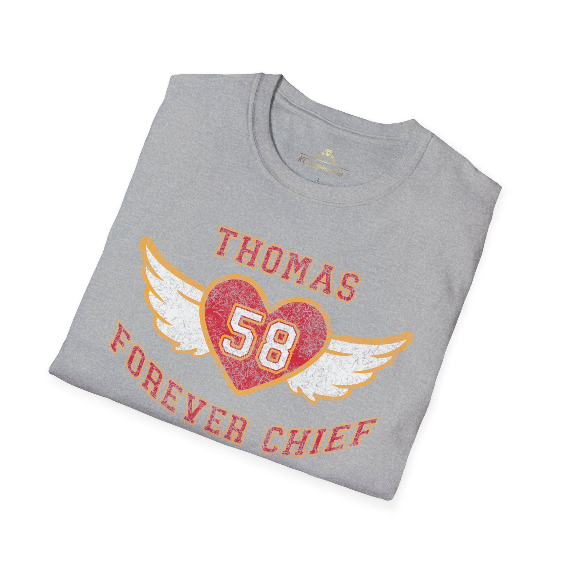 #58 Forever Chief Tribute - Vintage - Kansas City Chiefs Inspired T-Shirt by KC Inspirations featuring a vintage throwback design with the text "THOMAS 58 FOREVER CHIEF" in red and yellow letters. The number 58 is displayed inside a red heart with white wings on either side, paying homage to Derrick Thomas and the Kansas City Chiefs.