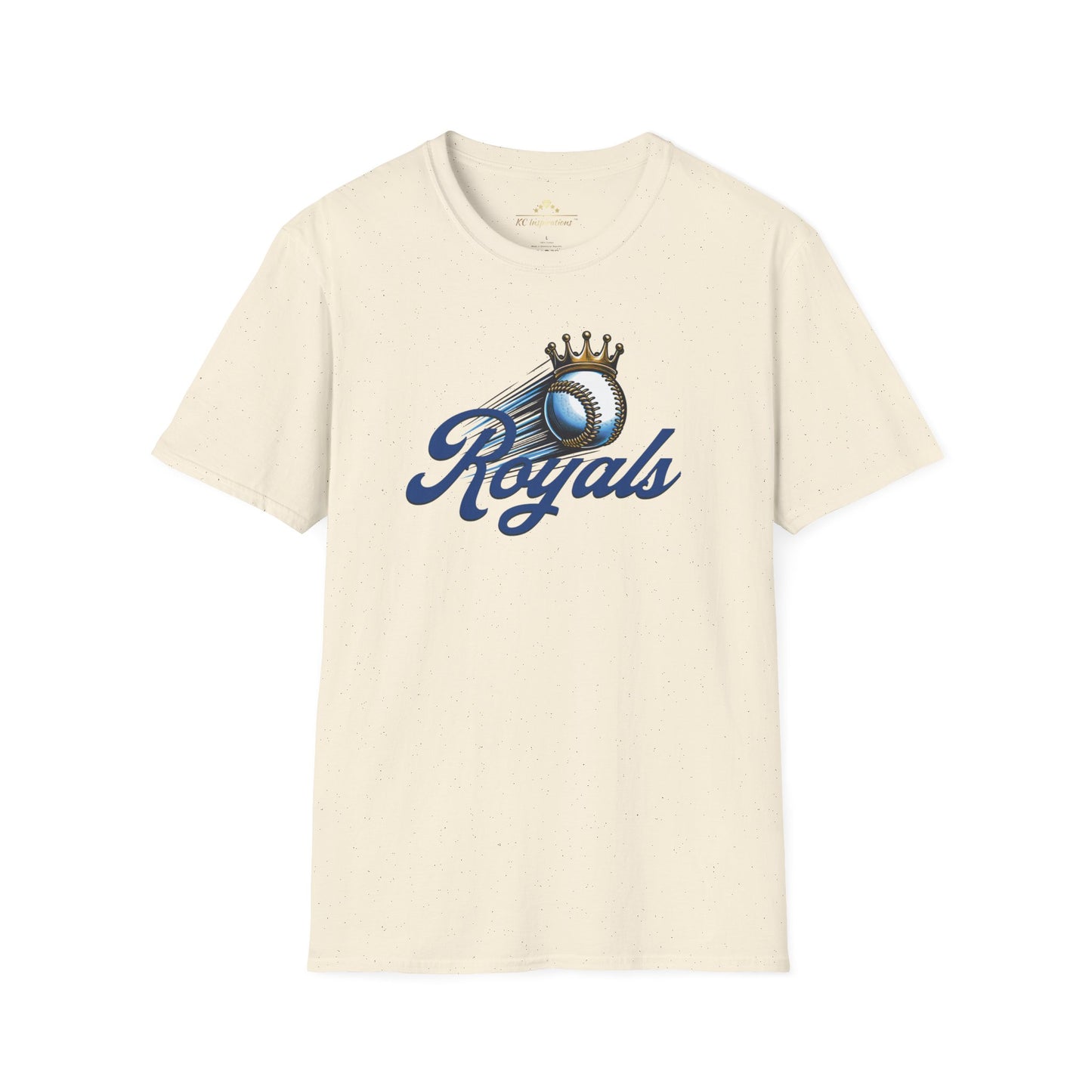 A Blue Streak Baseball - Kansas City Royals Inspired T-Shirt featuring the word "Royals" in a scripted font. Above the text is a baseball with a crown, suggesting it's a royalty-themed baseball team logo. Part of the Royals fandom collection by KC Inspirations, this modern fit shirt is displayed against a plain white background.