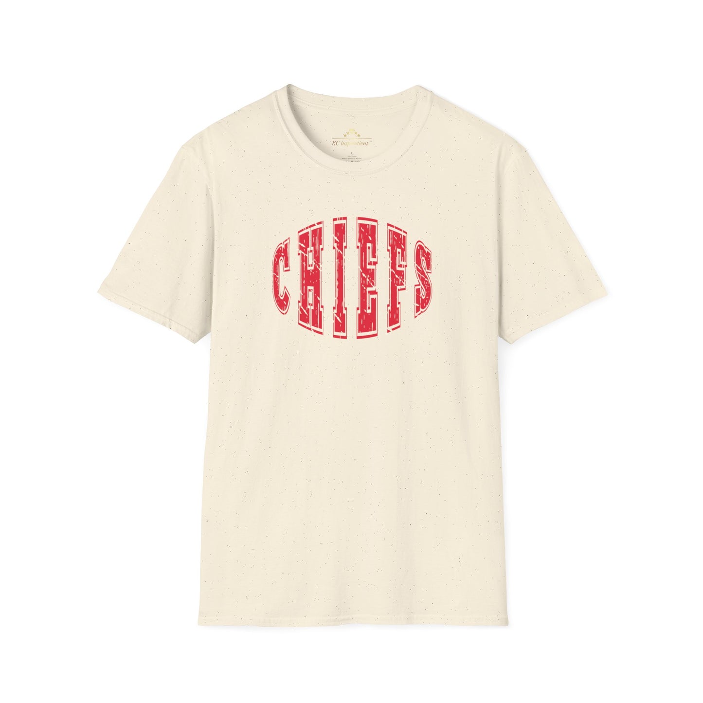 A Football Chiefs Vintage - Kansas City Chiefs Inspired T-Shirt by KC Inspirations with the word "CHIEFS" printed in large, red, bold letters across the chest. The letters have a slightly weathered look, giving the shirt a vintage feel. This Kansas City Chiefs gear features a classic round neck and short sleeves.