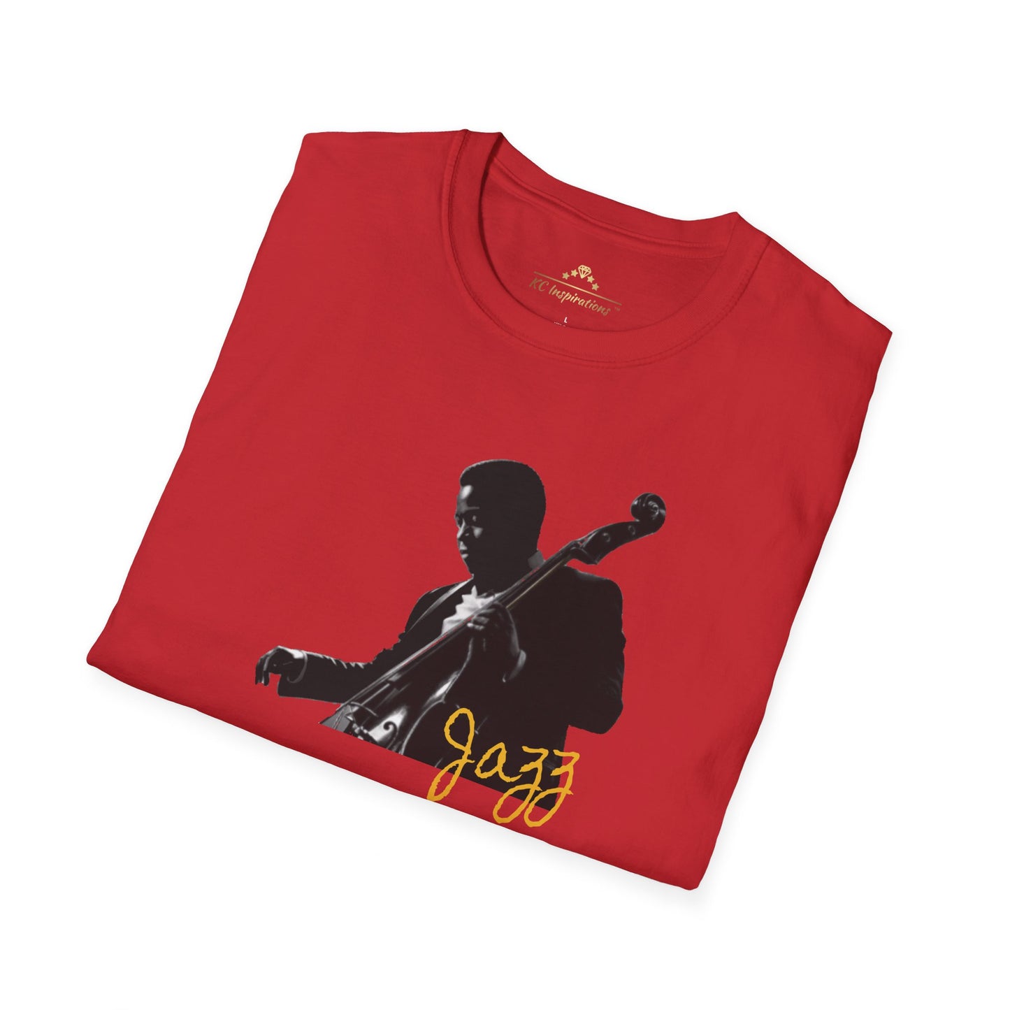 A red T-shirt displaying a graphic of a jazz musician playing a double bass. The word "Jazz" is written in yellow script below the musician, capturing the essence of Kansas City Jazz. Perfect for music lovers, it evokes the timeless vibe of classic jazz clubs. Featuring "The Bassist - KC Jazz Inspired T-Shirt" by KC Inspirations.