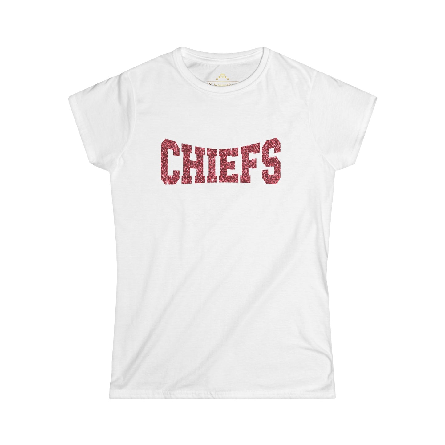 A black T-shirt, inspired by the Kansas City Chiefs, features the word "CHIEFS" in large, red glittery letters across the chest. This Red Sparkle Chiefs - Kansas City Chiefs Inspired Women's T-Shirt from KC Inspirations comes with short sleeves and a crew neckline—perfect game day attire.