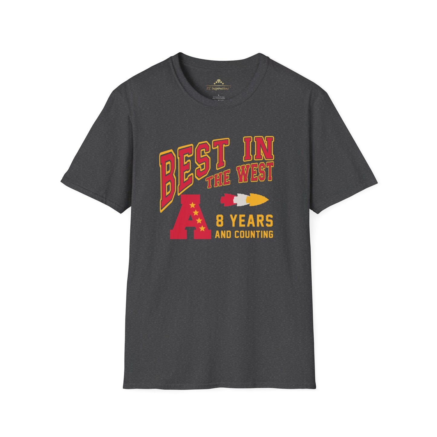 A dark gray t-shirt with text and graphics. The text reads "BEST IN THE WEST," "8 YEARS AND COUNTING." There are yellow stars, an arrow pointing right, and a large red and white letter "A" on the shirt, celebrating the Kansas City Chiefs' dominance in the AFC West Division Title. This is the Best In The West - Kansas City Chiefs Inspired T-Shirt by KC Inspirations.