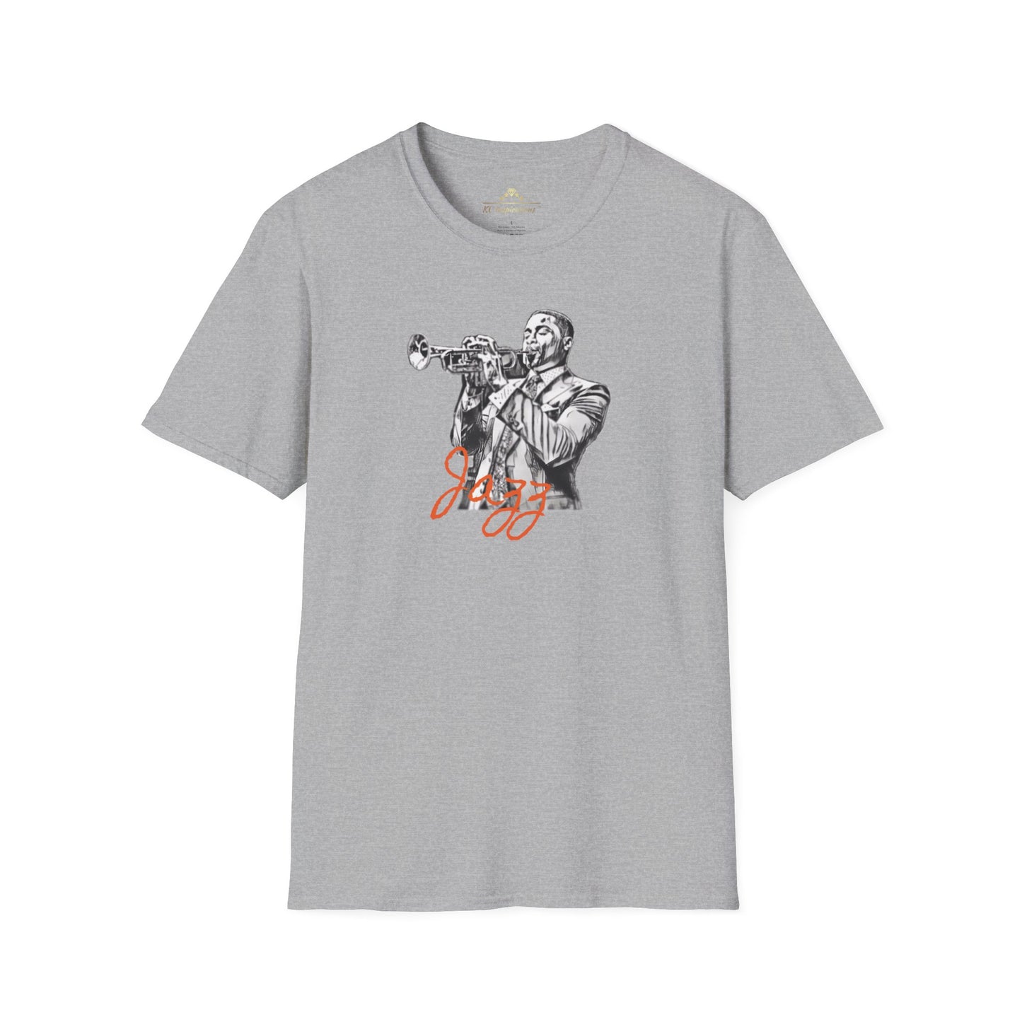 A blue T-shirt featuring a monochrome illustration of a jazz musician playing a trumpet, with the word "Jazz" in red script underneath the image. Perfect for music lovers and fans of Kansas City Jazz, The Trumpeter - KC Jazz Inspired T-Shirt by KC Inspirations is an ideal choice.