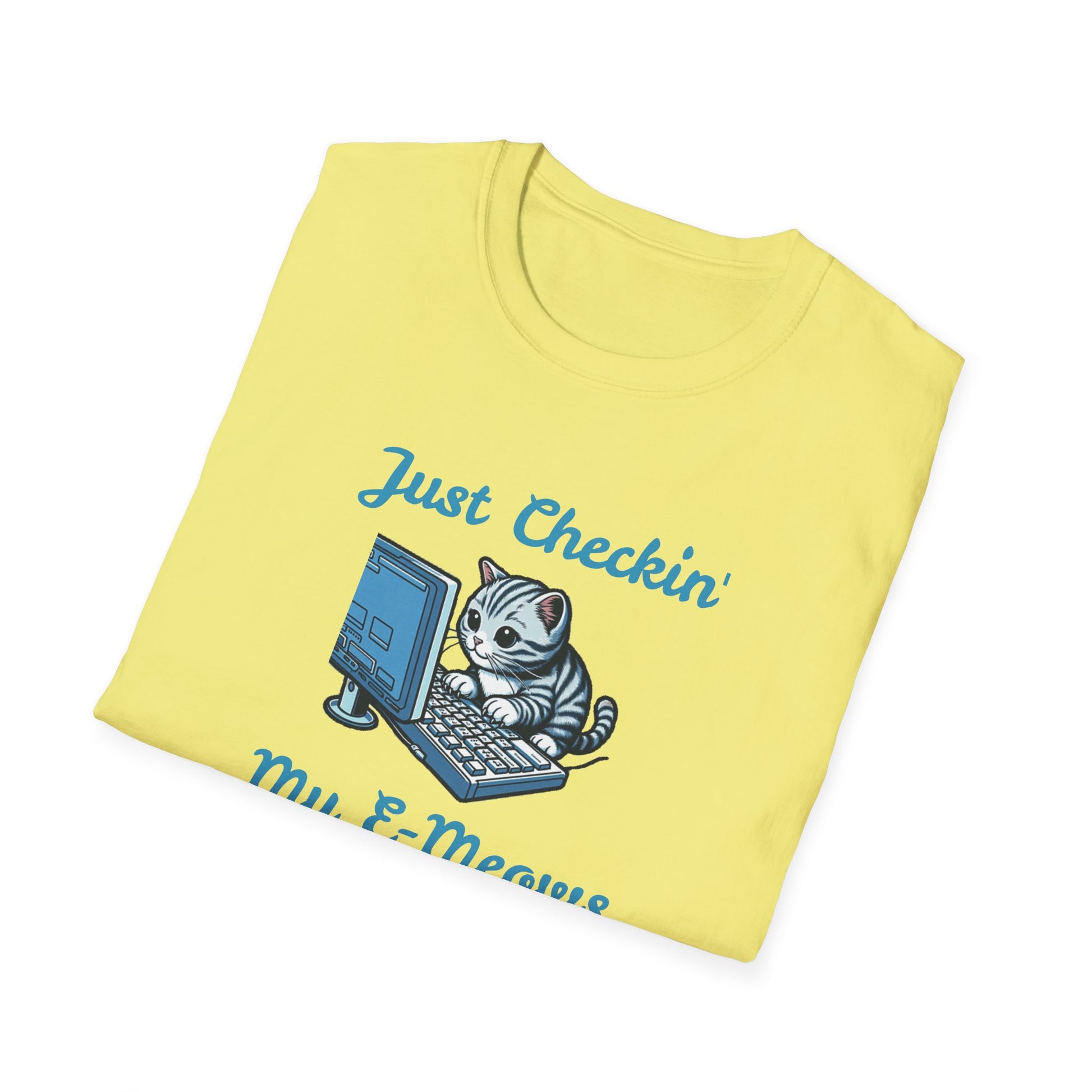 A lemon-yellow T-shirt showcases an illustration of a cat using a computer, with text above reading "Just Checkin'" and below reading "My E-Meows - KC Kitty." Perfect for cat lovers, this KC Inspirations "Just Checking My E-Meows - KC Kitty T-Shirt" combines playful charm with nerdy feline fun.