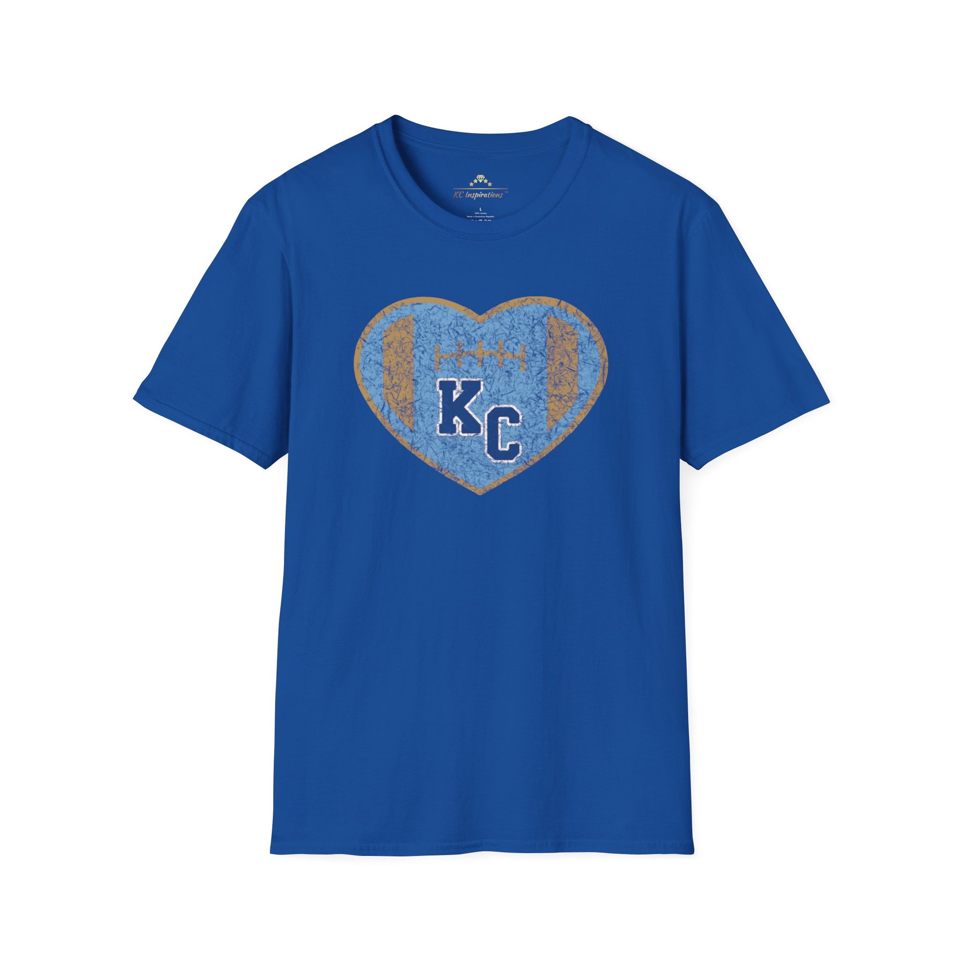 Blue short-sleeve t-shirt featuring a large Kansas City Royals heart graphic on the chest. Inside the heart are the letters "KC" set against a baseball-inspired background, perfect for showing off your Royals fandom. The shirt maintains a simple crew neck style. This is the Vintage KC Heart Blue & Gold - Kansas City Royals Inspired T-Shirt by KC Inspirations.