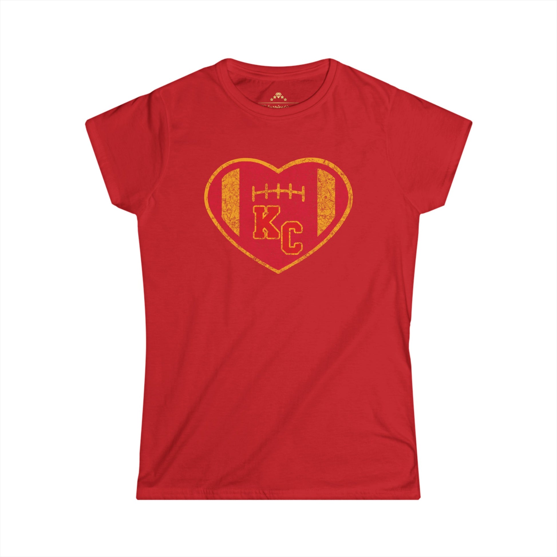 A dark gray women's T-shirt featuring a distressed heart-shaped design in the center. The heart, styled like a football with stitching details, is colored in red and gold. Inside the heart, the letters "KC" are prominently displayed in red with a yellow border. Perfect for Kansas City Chiefs fans! This is the Vintage KC Heart Red & Gold - Kansas City Chiefs Inspired Women's T-Shirt from KC Inspirations.