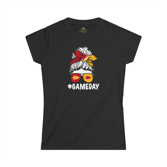 Black T-shirt featuring an illustration of a person wearing a red and yellow headband and sunglasses with sports field reflections. Below the image, the hashtag "#GAMEDAY" celebrates Gameday Girl - Kansas City Chiefs Inspired Women's T-Shirt by KC Inspirations fan gear.