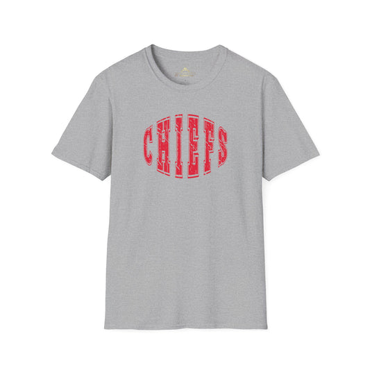 A Football Chiefs Vintage - Kansas City Chiefs Inspired T-Shirt by KC Inspirations with the word "CHIEFS" printed in large, red, bold letters across the chest. The letters have a slightly weathered look, giving the shirt a vintage feel. This Kansas City Chiefs gear features a classic round neck and short sleeves.