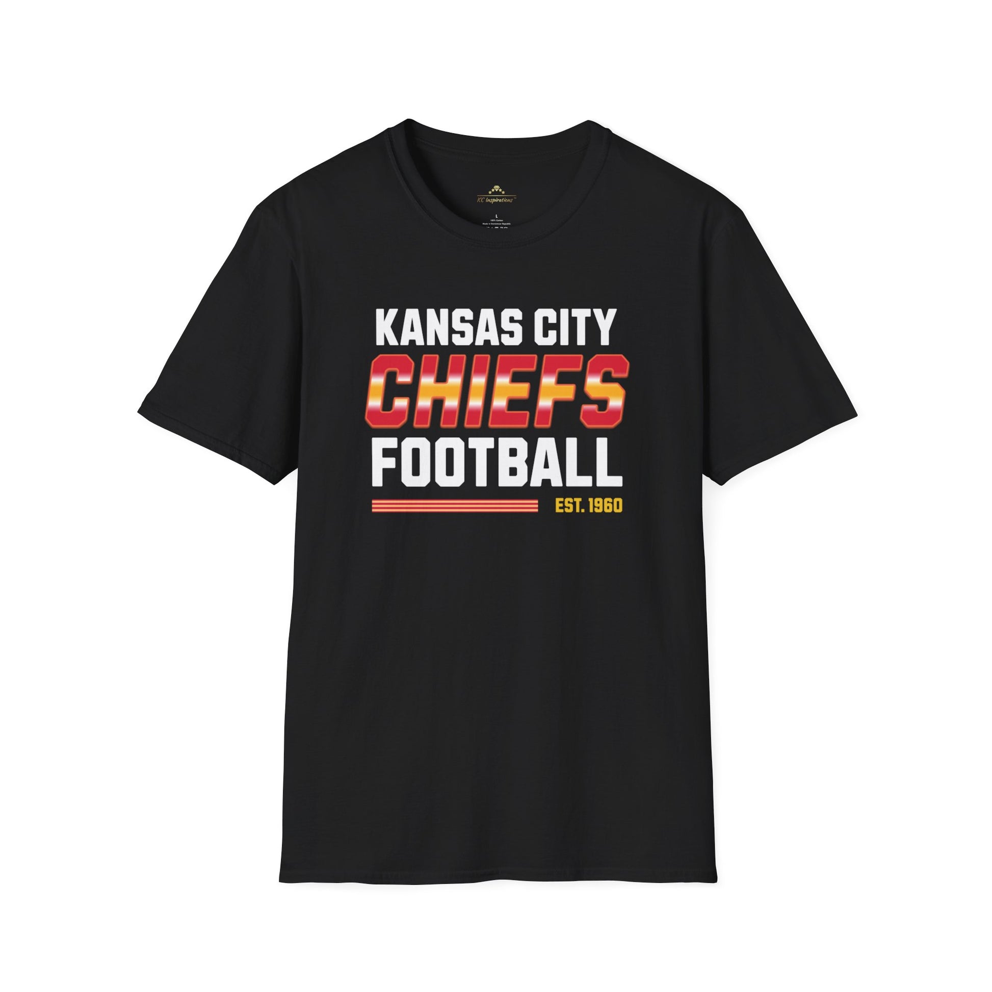 A dark grey t-shirt with the text "Kansas City Chiefs Football Est. 1960" printed on the front, perfect for showcasing your team pride. The word "Chiefs" is in large, uppercase letters with a red and yellow gradient fill, while the other text is in white and red—ideal fan gear for any supporter. This Kansas City Chiefs Football - Kansas City Chiefs Inspired T-Shirt by Printify is just what every fan needs to show their support.