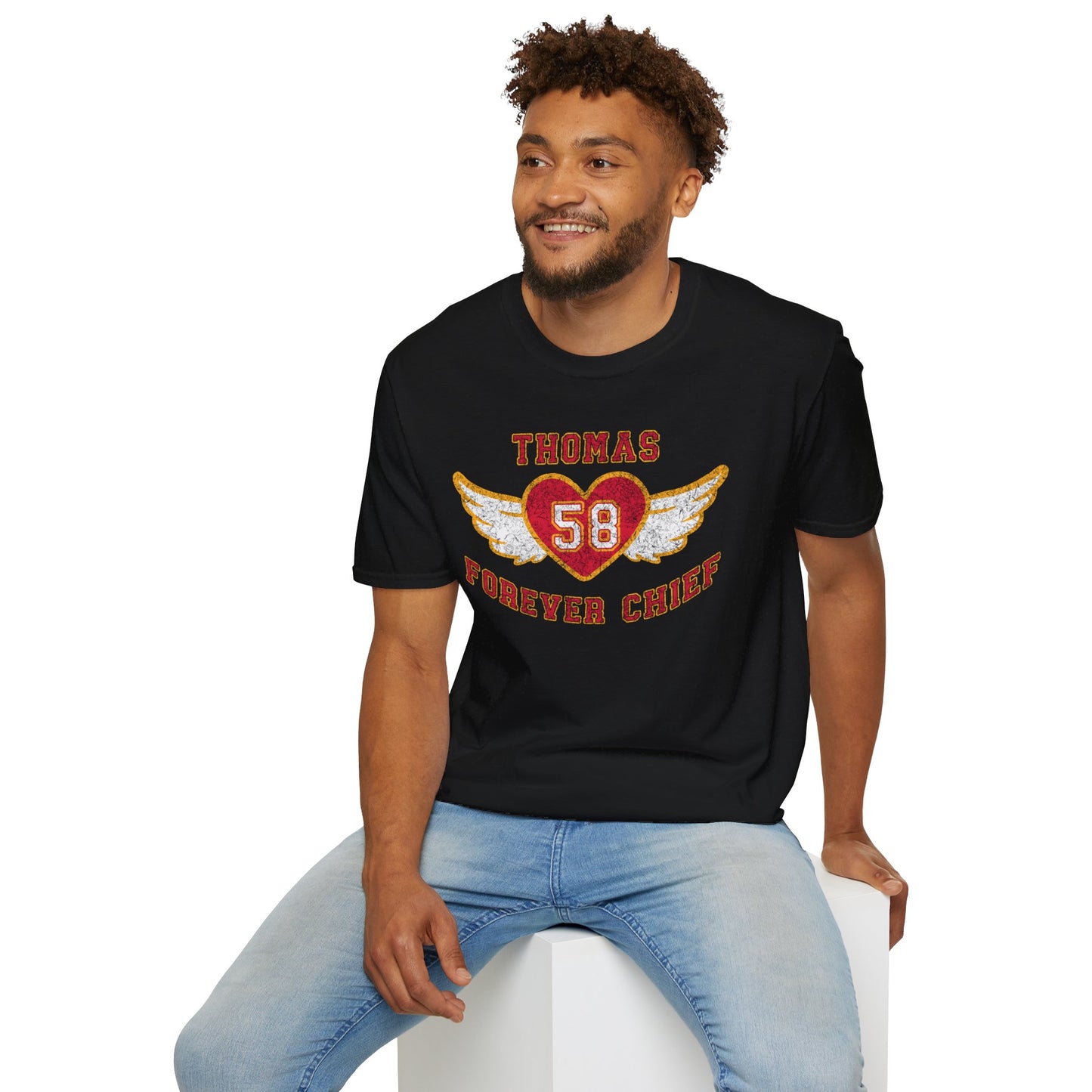 #58 Forever Chief Tribute - Vintage - Kansas City Chiefs Inspired T-Shirt by KC Inspirations featuring a vintage throwback design with the text "THOMAS 58 FOREVER CHIEF" in red and yellow letters. The number 58 is displayed inside a red heart with white wings on either side, paying homage to Derrick Thomas and the Kansas City Chiefs.