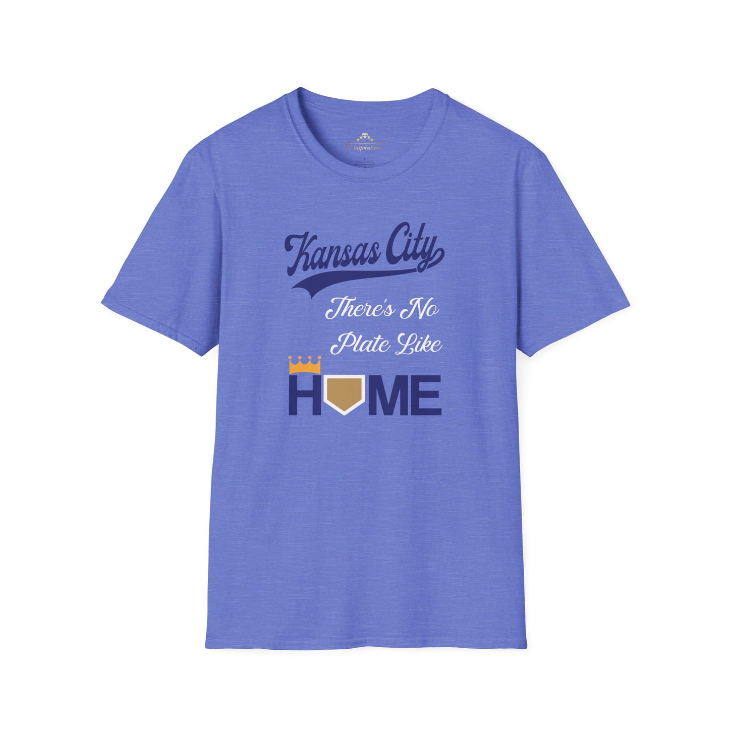 The No Plate Like Home - Kansas City Royals Inspired T-Shirt by KC Inspirations features crisp graphics and the phrase "Kansas City" in blue script at the top. Below it, the text "There's No Plate Like" is written in white, and at the bottom "HOME" is in blue, with the letter "O" depicted as a baseball home plate with a yellow crown on top. Perfect baseball fan apparel.