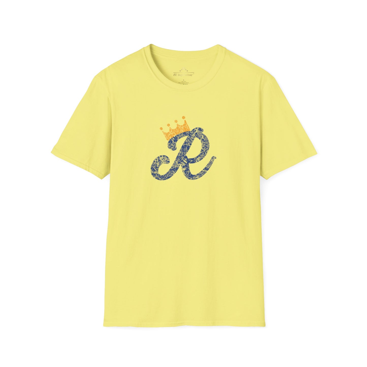 A Royal Monogram - Kansas City Royals Inspired T-Shirt by KC Inspirations in blue features a stylized letter "R" in dark blue textured print on the front, with a small golden crown above it. Perfect for Royals fandom, this short-sleeved tee has a classic crew neckline.