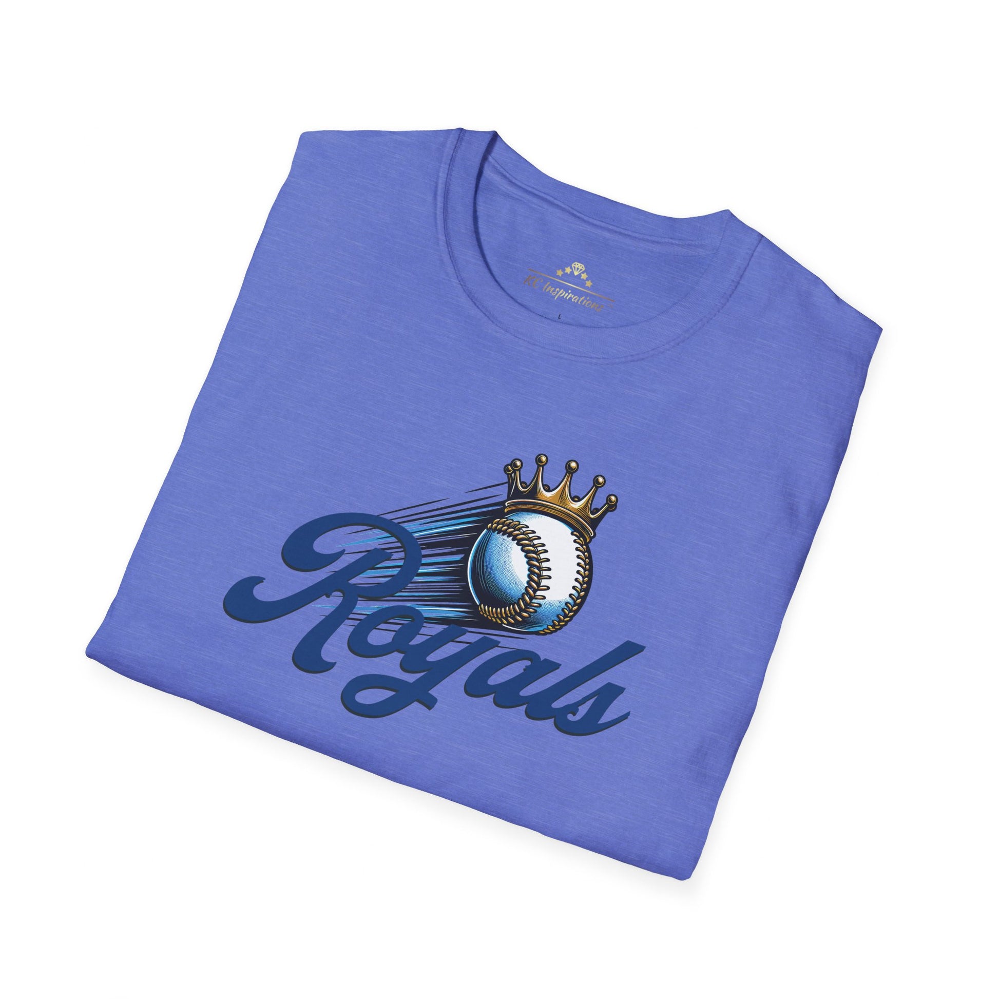 A Blue Streak Baseball - Kansas City Royals Inspired T-Shirt featuring the word "Royals" in a scripted font. Above the text is a baseball with a crown, suggesting it's a royalty-themed baseball team logo. Part of the Royals fandom collection by KC Inspirations, this modern fit shirt is displayed against a plain white background.