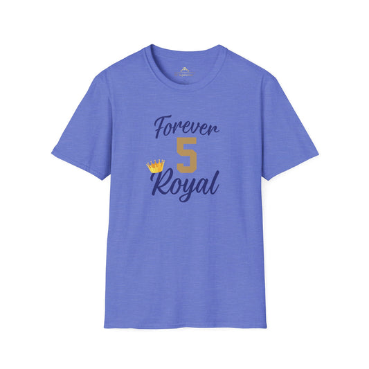 A blue Forever Royal #5 - Kansas City Royals Inspired T-Shirt by KC Inspirations with the text "Forever 5 Royal" printed on the front. The word "Royal" is adorned with a small golden crown on the left side of the number 5, perfect for fans of the Kansas City Royals and part of our exclusive Forever Royal collection.