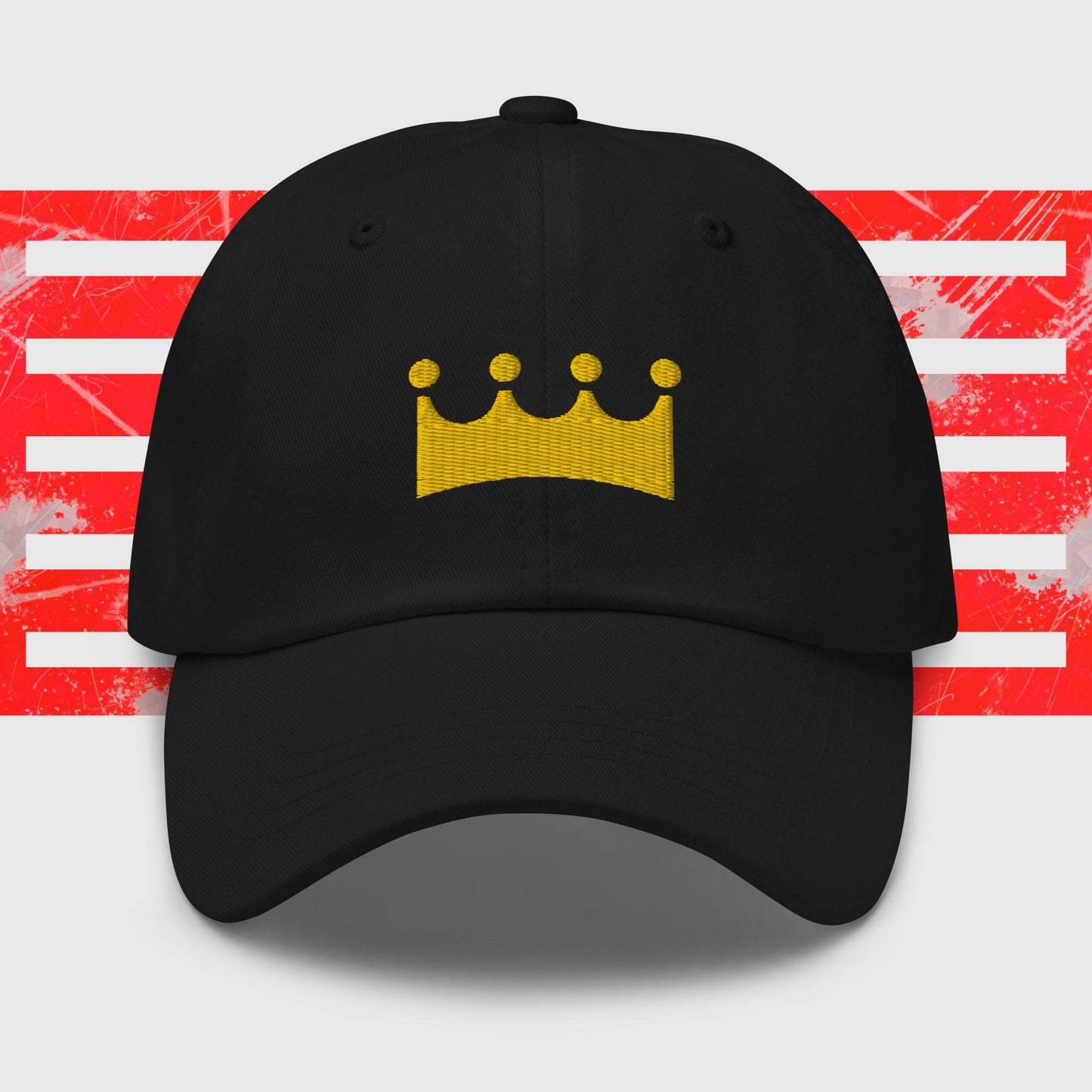 A black Royal Crown - Kansas City Royals Inspired Cap from KC Inspirations with a yellow crown emblem in the center. The background features abstract red and white stripes with a distressed texture, boasting embroidered graphics for added detail.